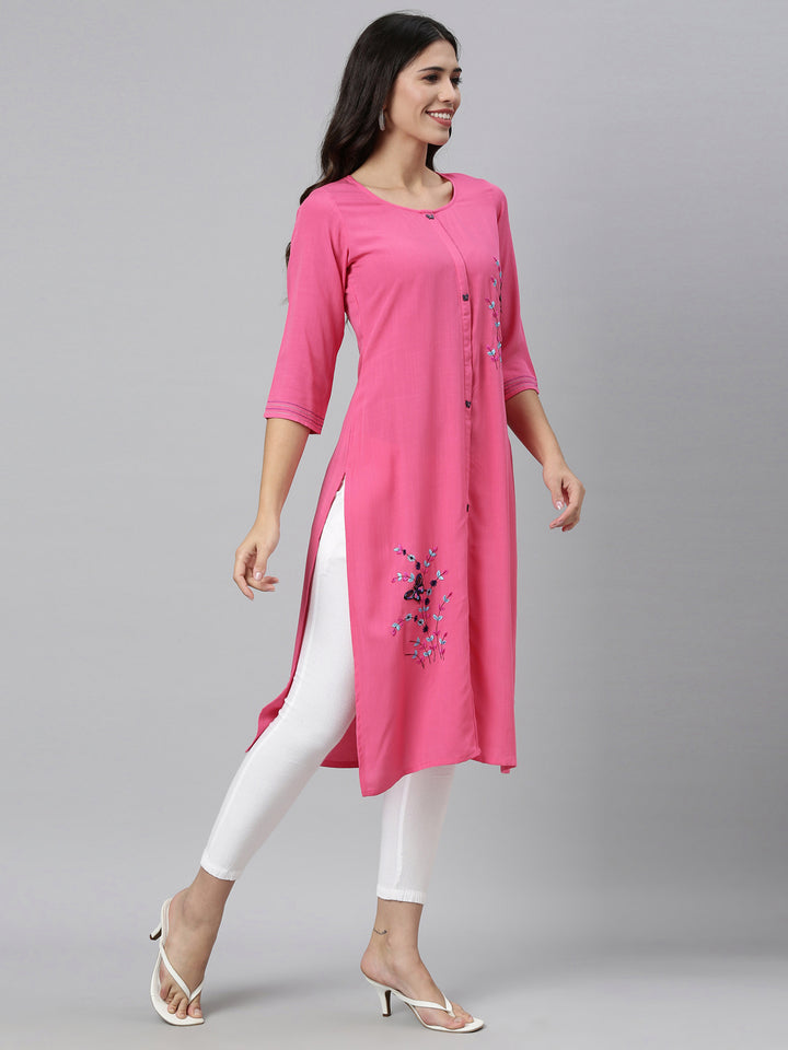 Neerus Pink Color Slub Rayon Fabric Kurta