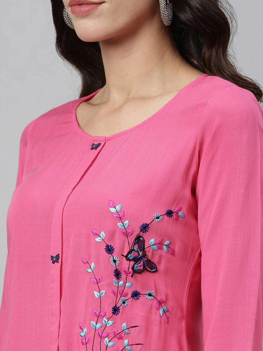 Neerus Pink Color Slub Rayon Fabric Kurta