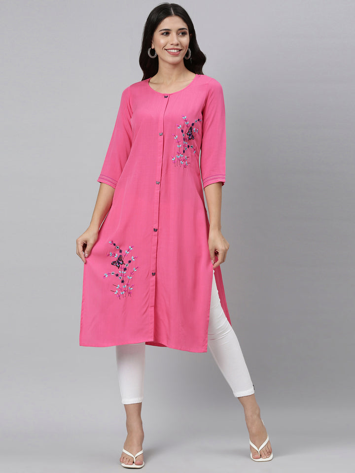 Neerus Pink Color Slub Rayon Fabric Kurta