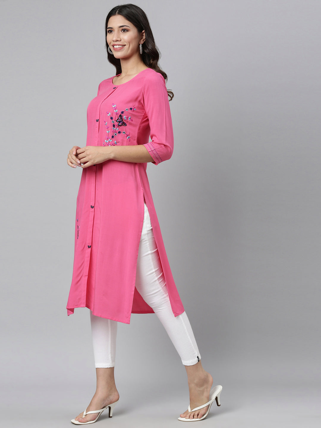 Neerus Pink Color Slub Rayon Fabric Kurta