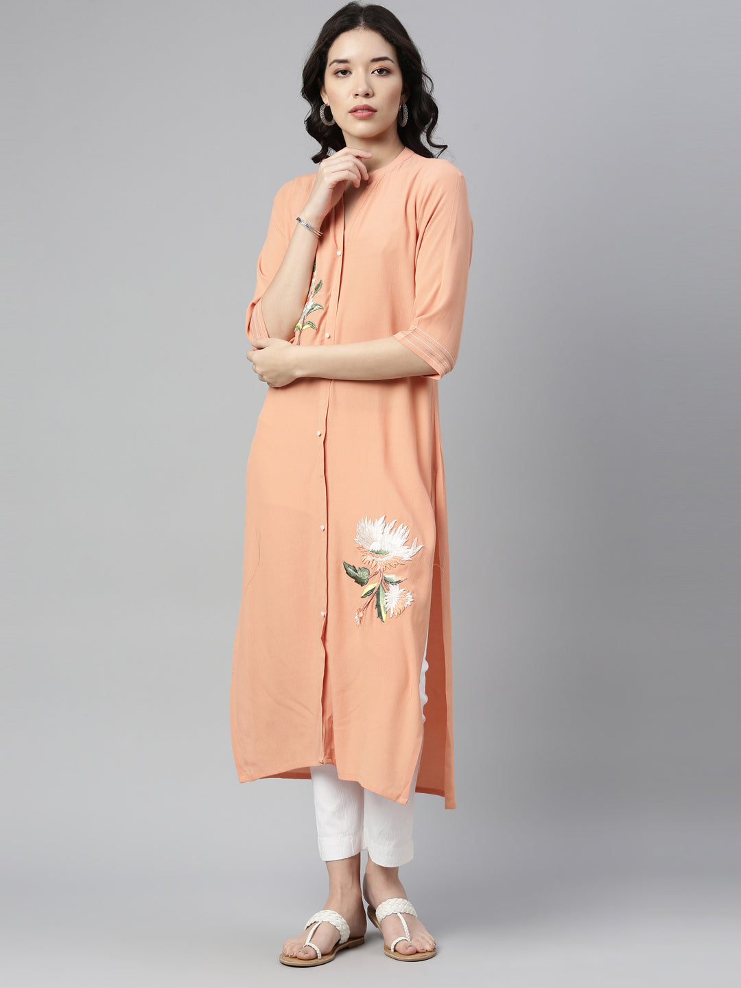 Neerus Peach Color Chiffon Fabric Kurta