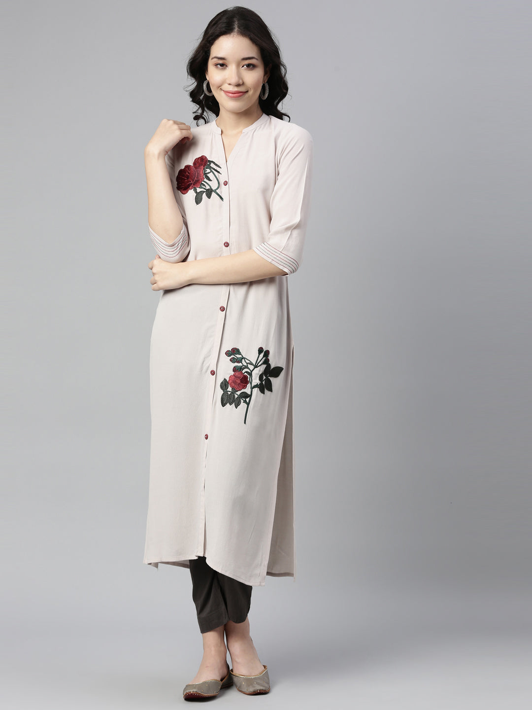 Neerus Beige chiffon solid straight kurti - detail view 4