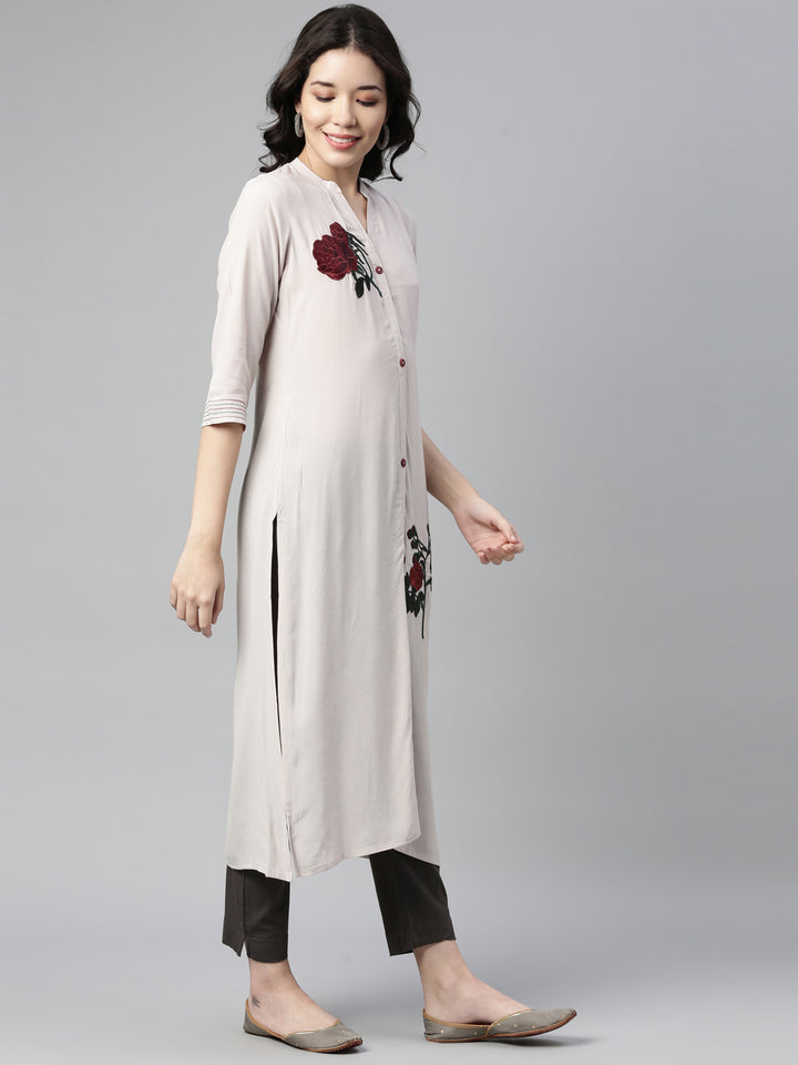 Neerus Beige chiffon solid straight kurti - front view