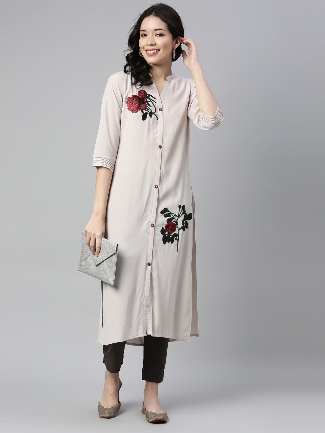 Neerus Beige chiffon solid straight kurti - detail view 1