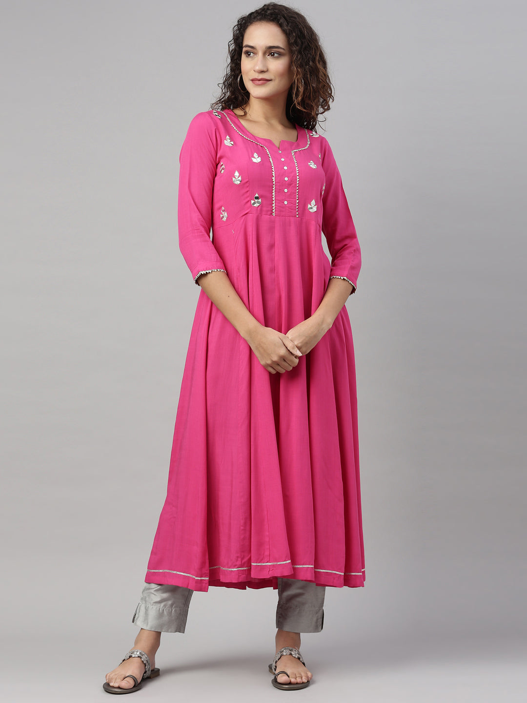 Neerus Pink Color Slub Rayon Fabric Kurta