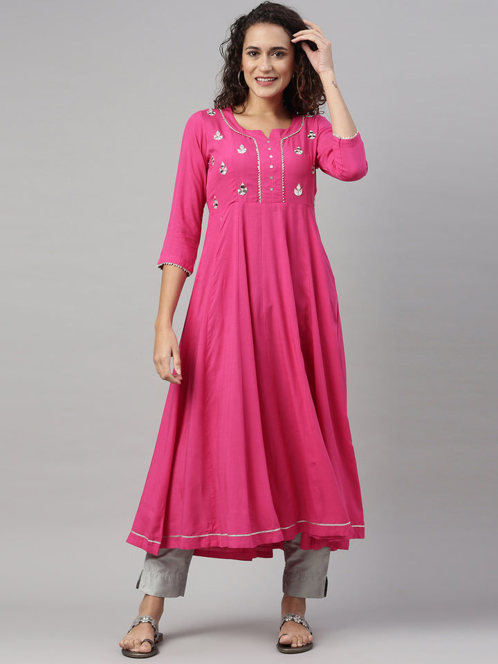 Neerus Pink Color Slub Rayon Fabric Kurta