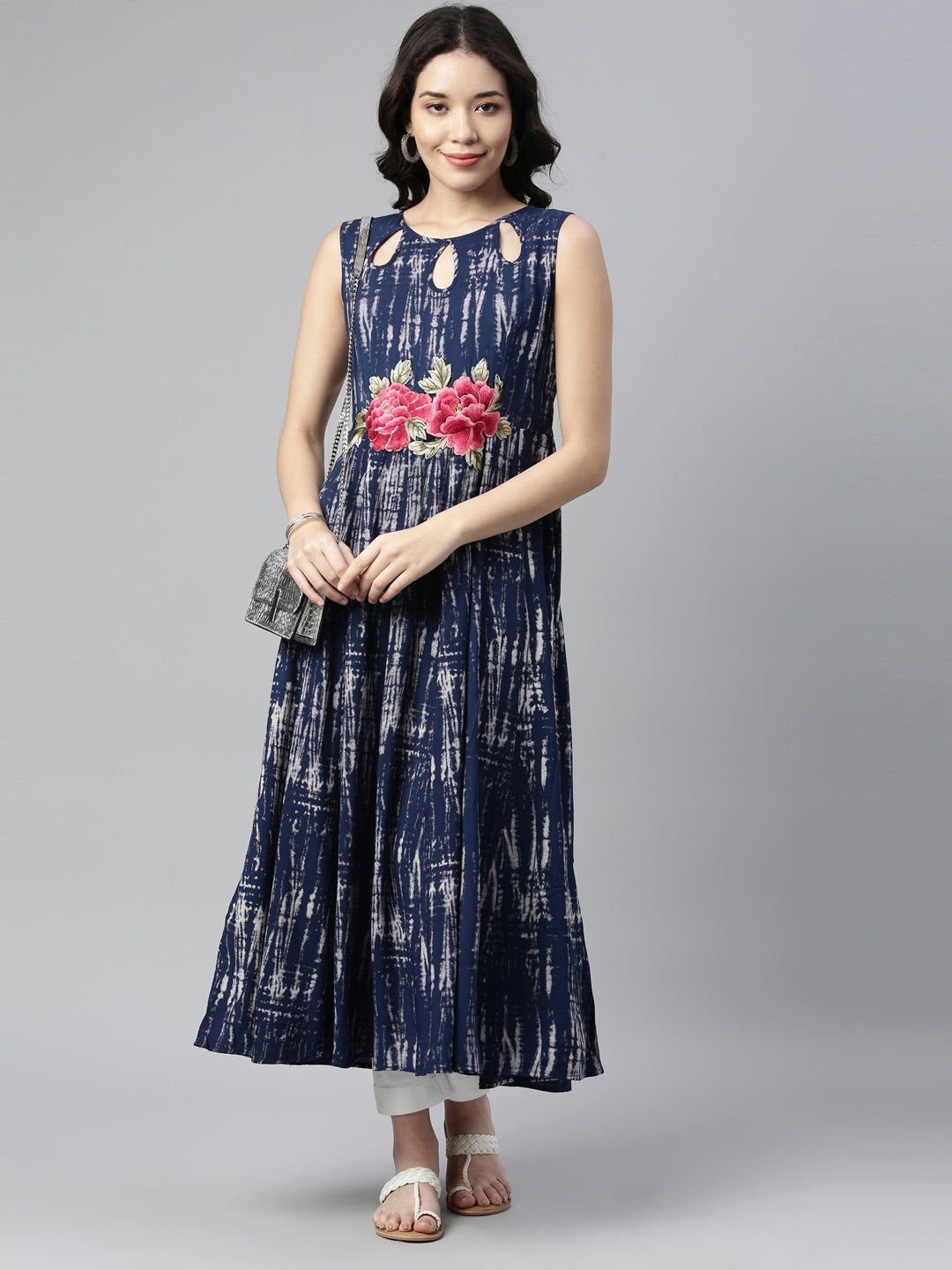 Neerus Blue Rayon Printed A-Line Kurta - detail view 1
