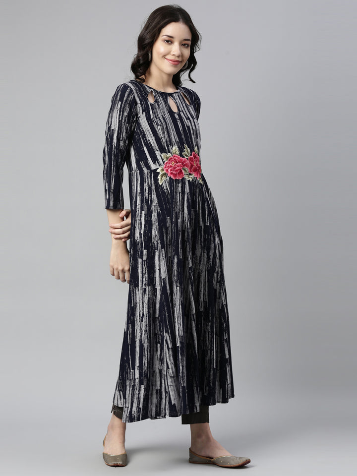 Neerus Blue Rayon Printed A-Line Kurta - front view