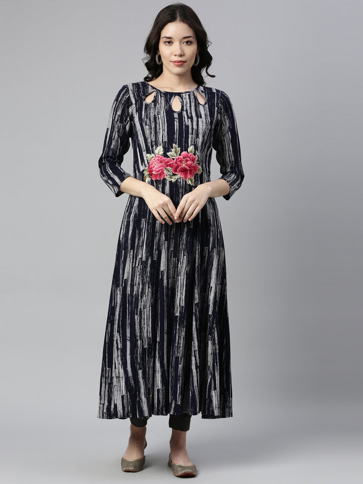Neerus Blue Rayon Printed A-Line Kurta - detail view 1