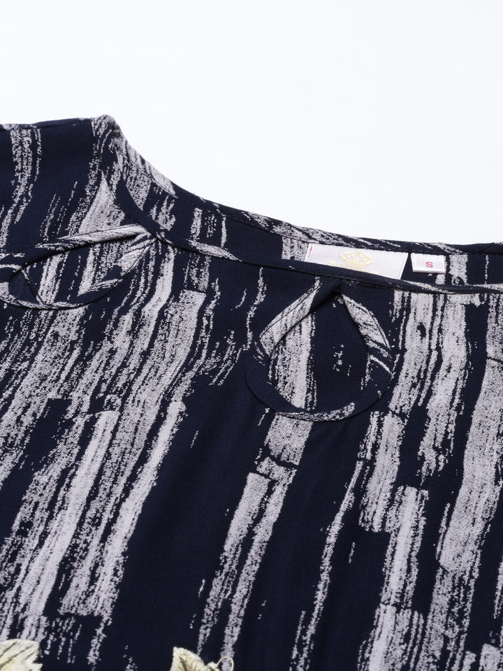 Neerus Blue Rayon Printed A-Line Kurta - detail view 2