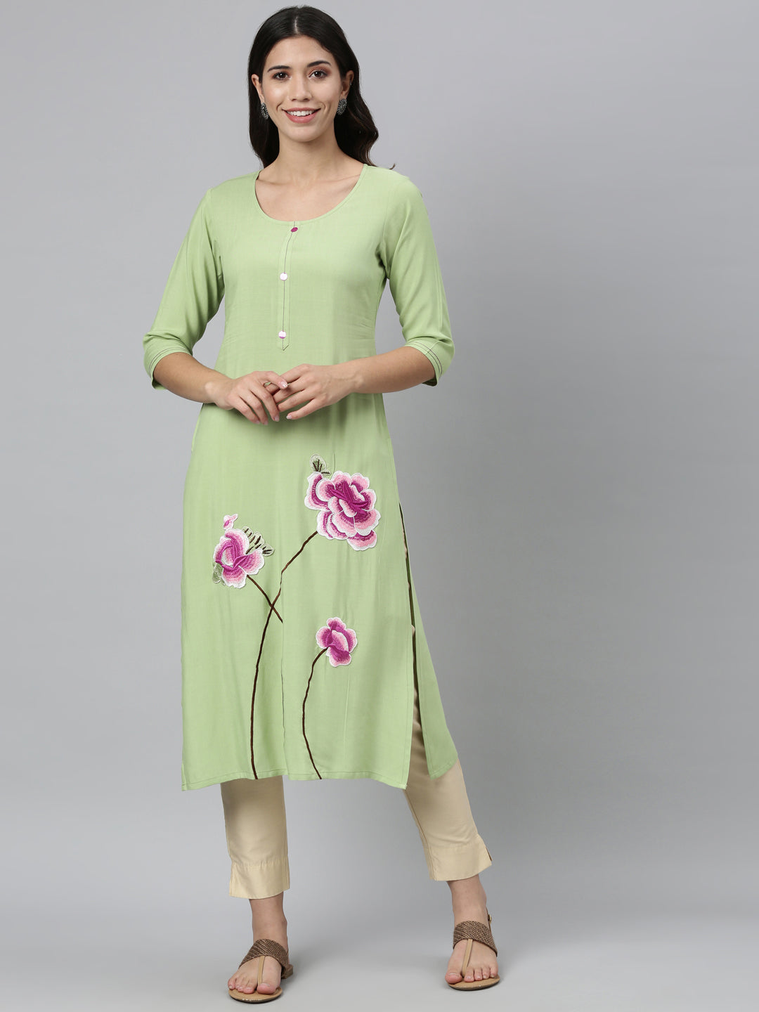 Neerus Green viscose rayon thread embroidered kurti - detail view 5