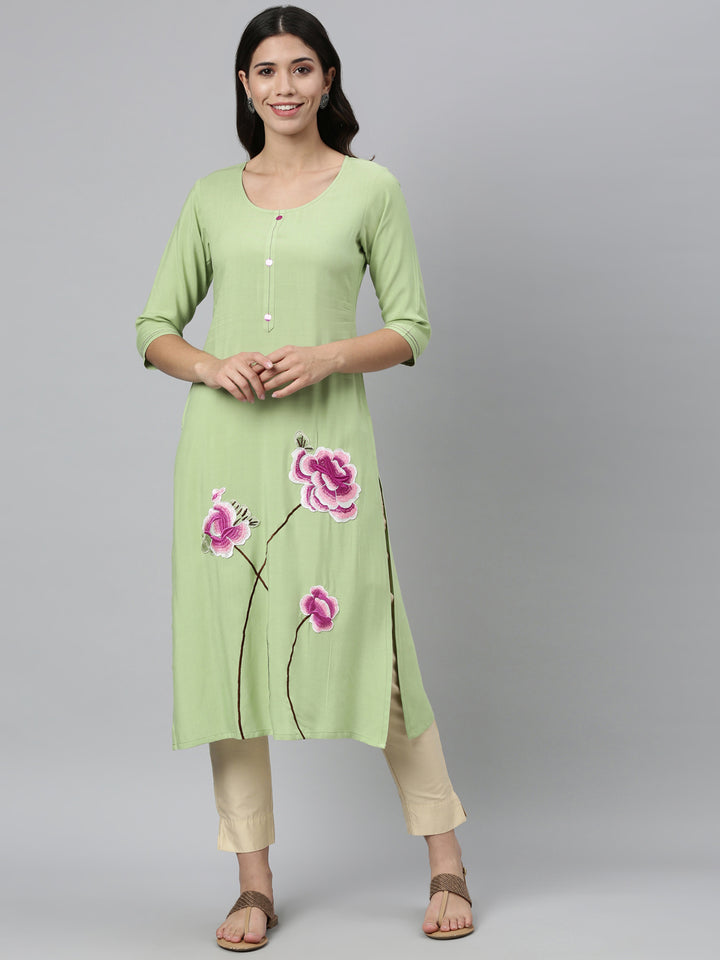 Neerus Green viscose rayon thread embroidered kurti - detail view 5