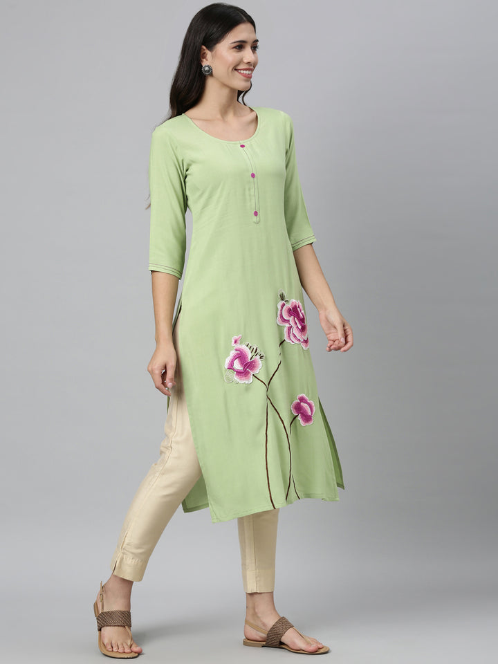 Neerus Green viscose rayon thread embroidered kurti - front view