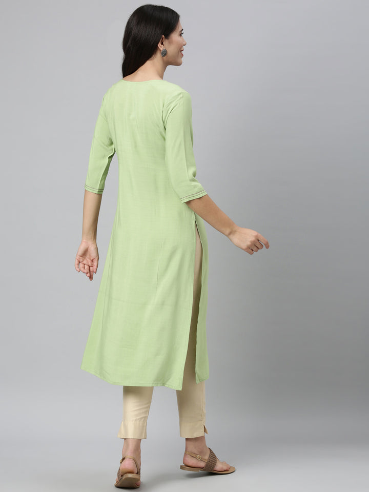 Neerus Green viscose rayon thread embroidered kurti - back view