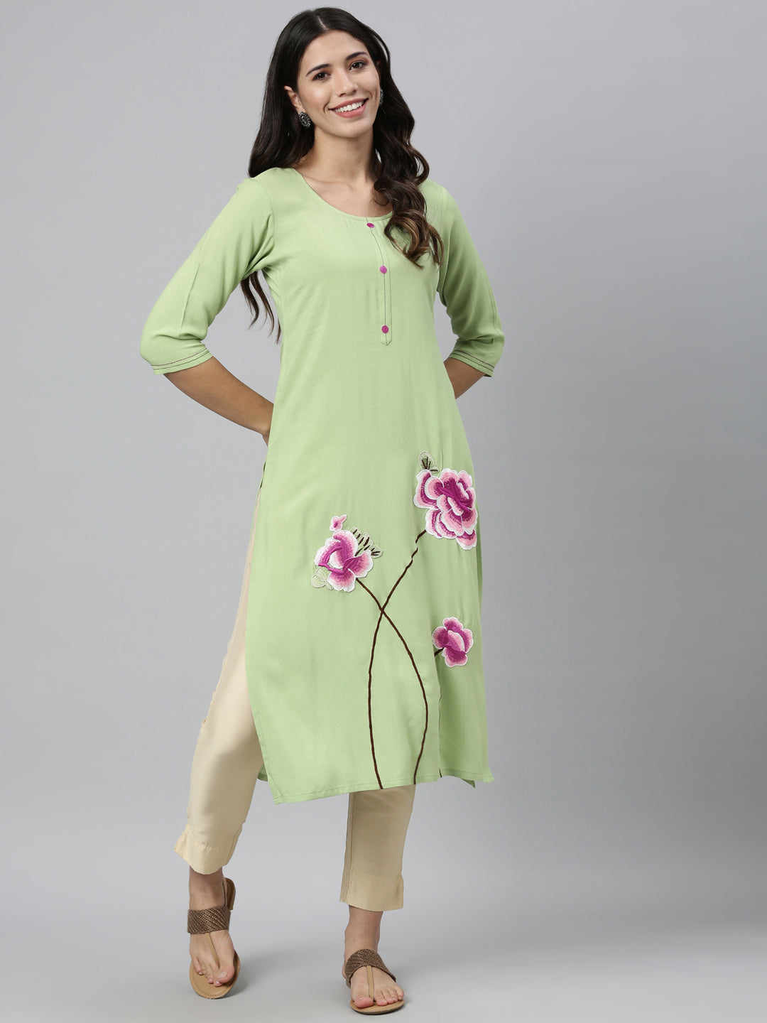Neerus Green viscose rayon thread embroidered kurti - detail view 1