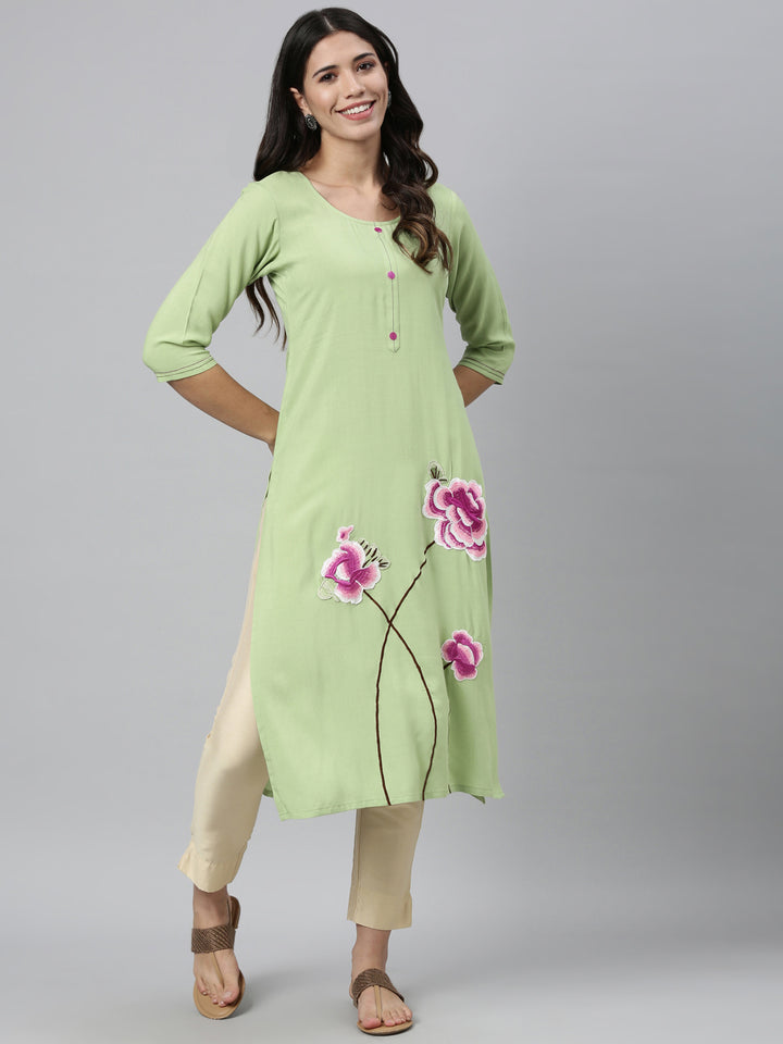 Neerus Green viscose rayon thread embroidered kurti - detail view 1