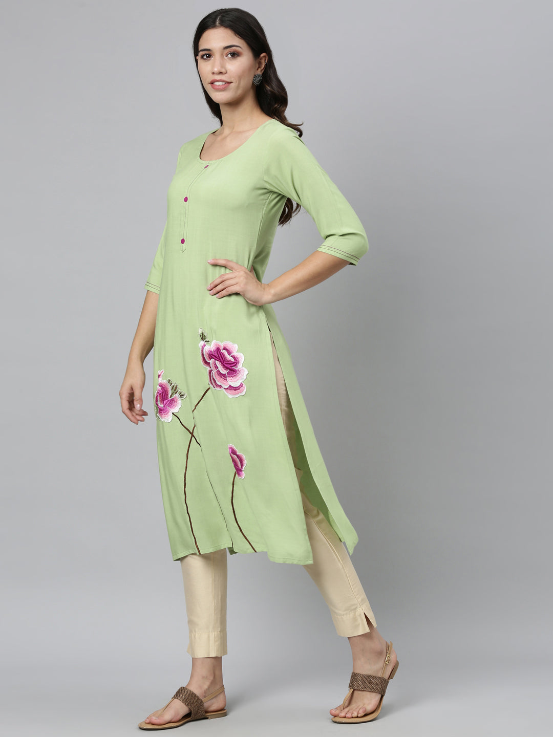 Neerus Green viscose rayon thread embroidered kurti - detail view 2