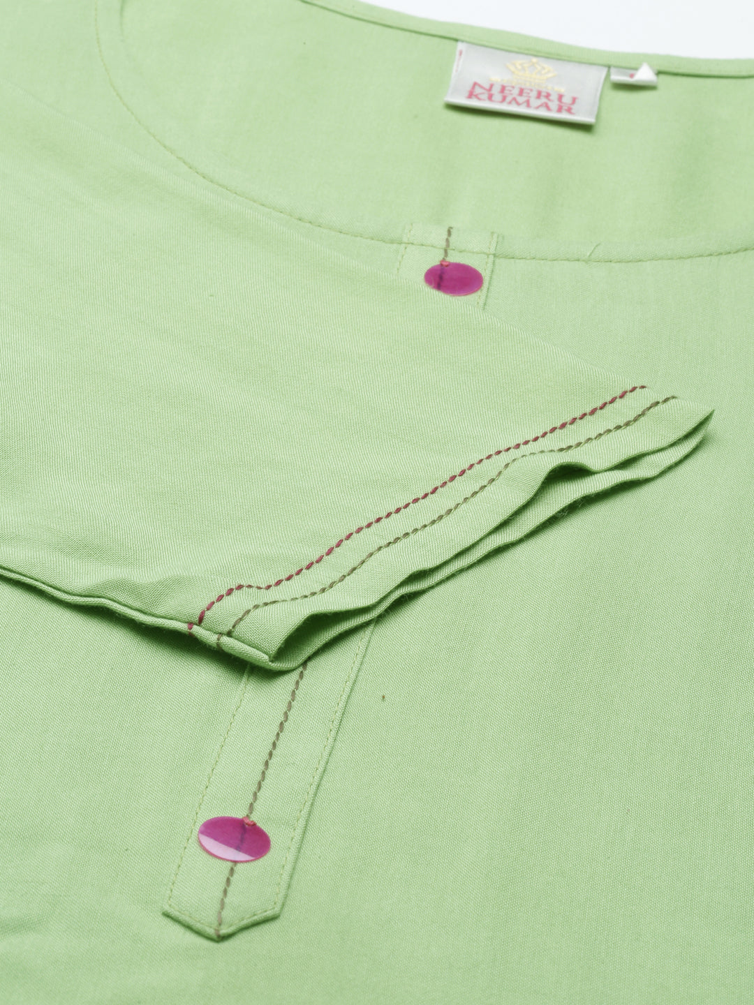 Neerus Green viscose rayon thread embroidered kurti - detail view 4