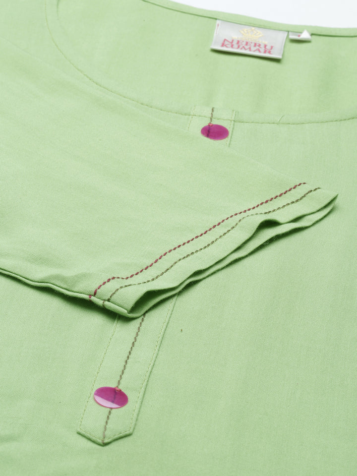 Neerus Green viscose rayon thread embroidered kurti - detail view 4