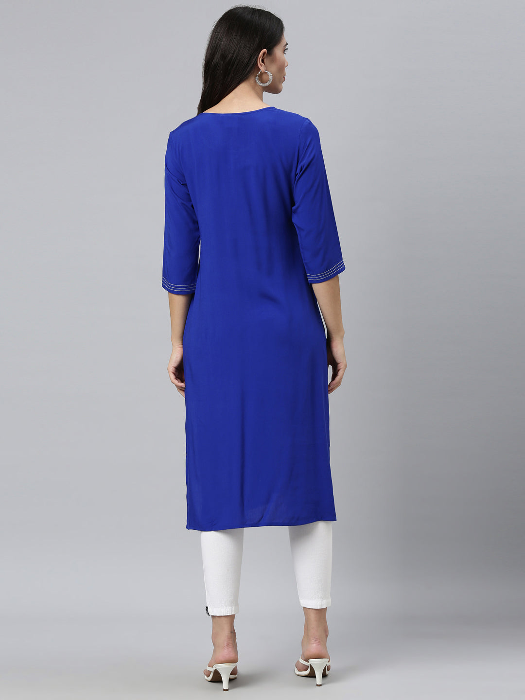 Neerus Blue Viscose Rayon Printed Kurta - back view