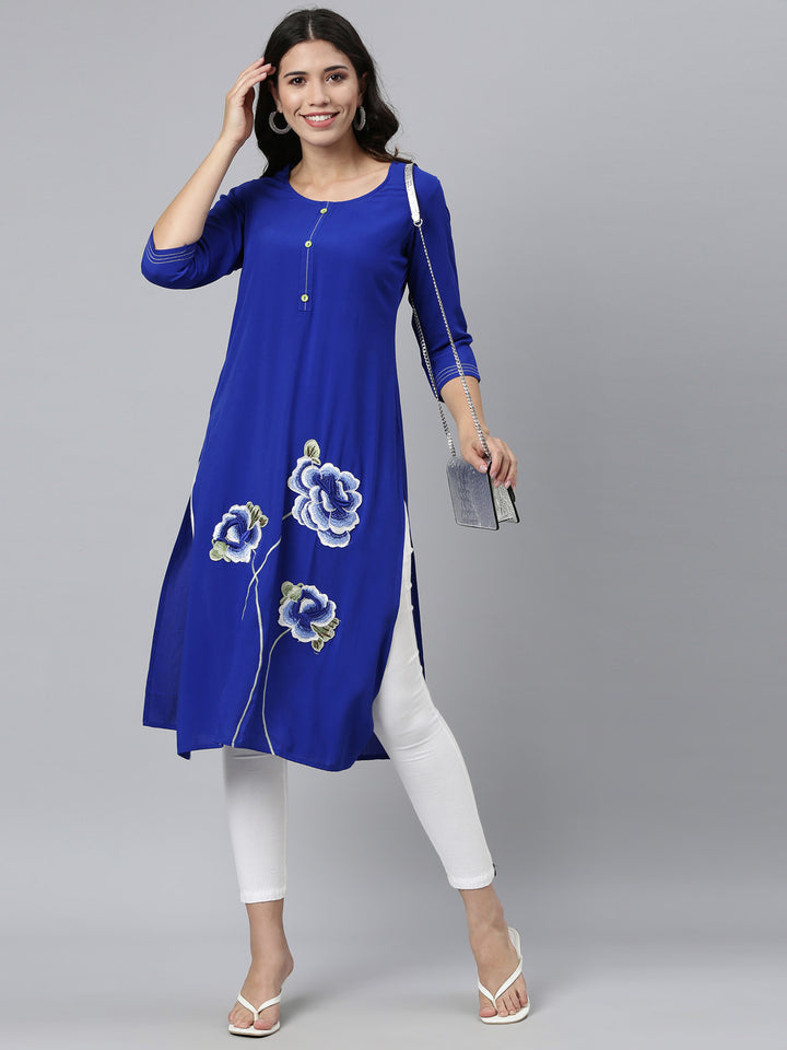 Neerus Blue Viscose Rayon Printed Kurta - detail view 1