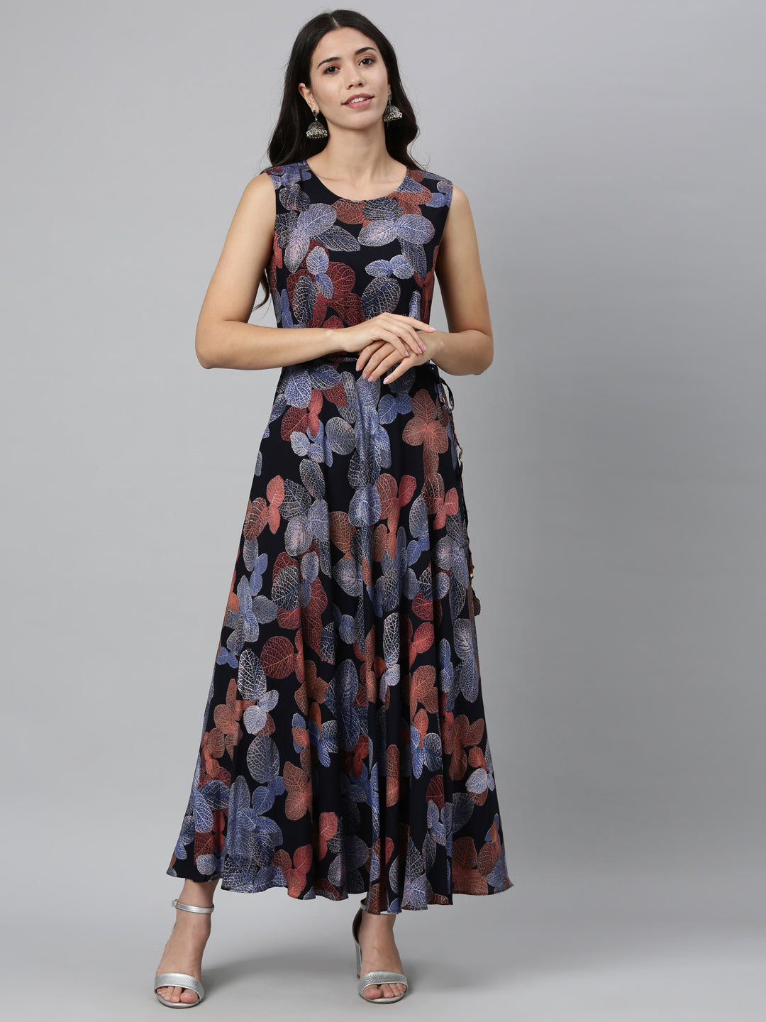 Neerus Blue rayon printed kurta A-line silhouette - front view