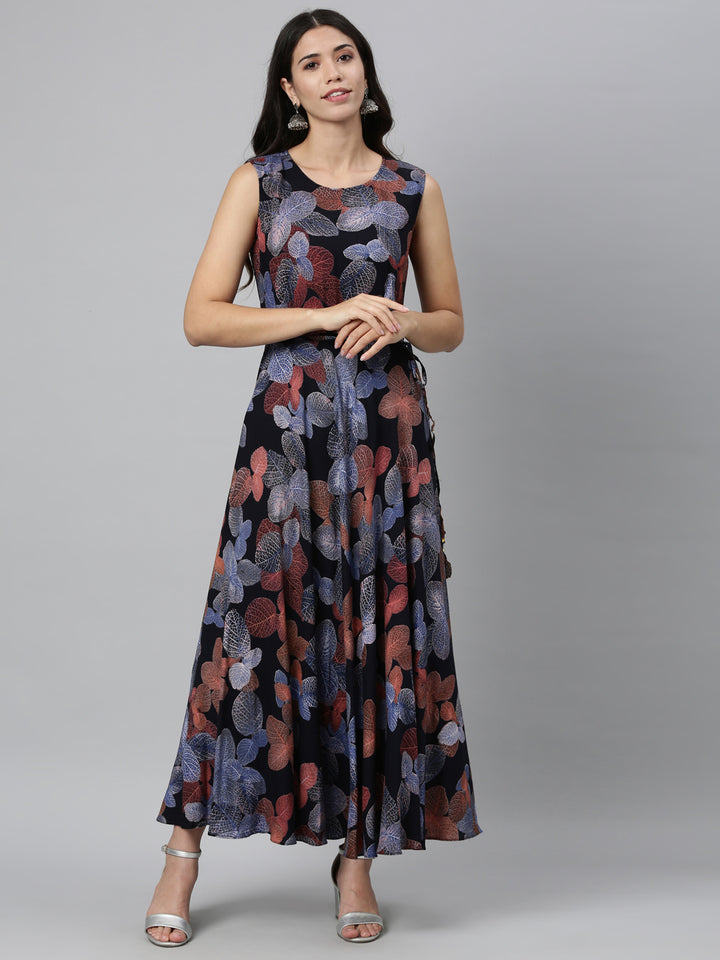 Neerus Blue rayon printed kurta A-line silhouette - front view