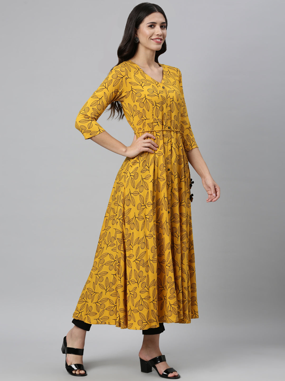 Neerus Yellow rayon printed kurta - front view