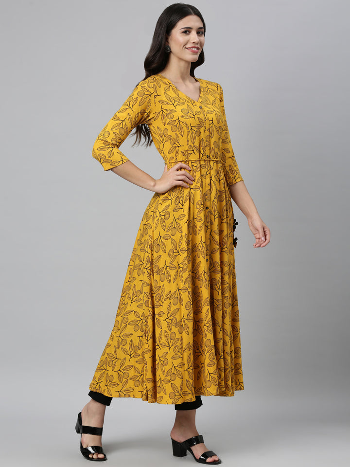 Neerus Yellow rayon printed kurta - front view