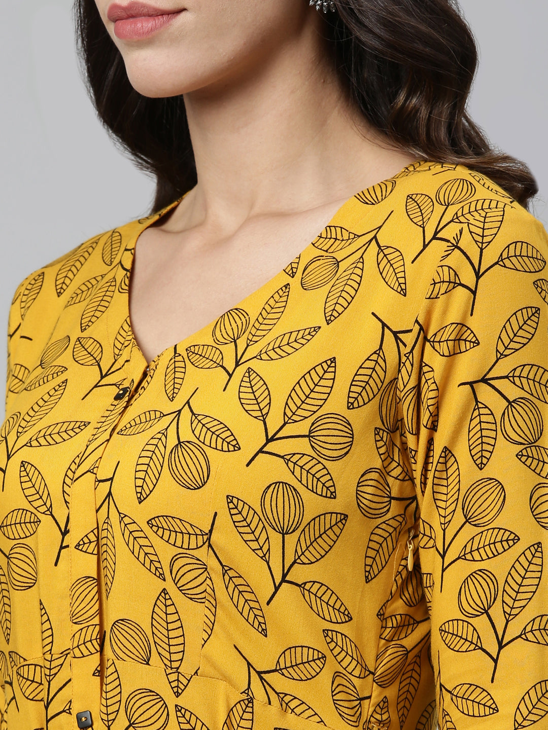 Neerus Yellow rayon printed kurta - side view