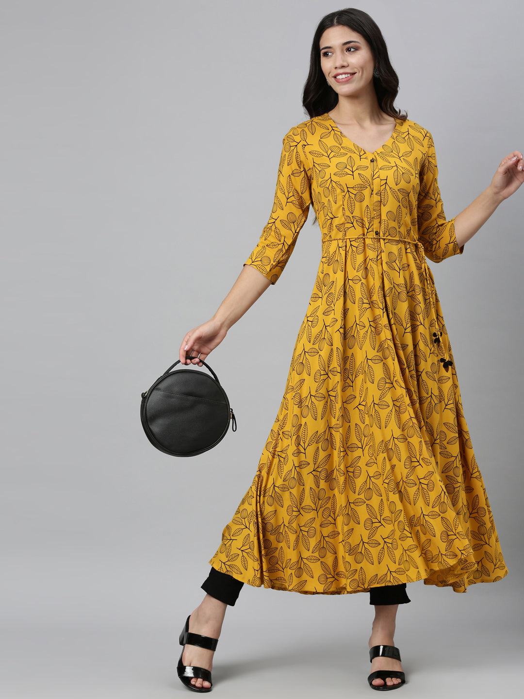 Neerus Yellow rayon printed kurta - detail view 1