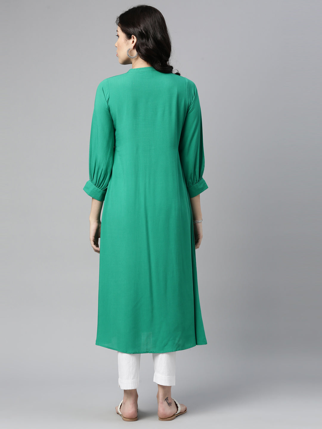 Neerus Green rayon panelled A-line kurti - back view
