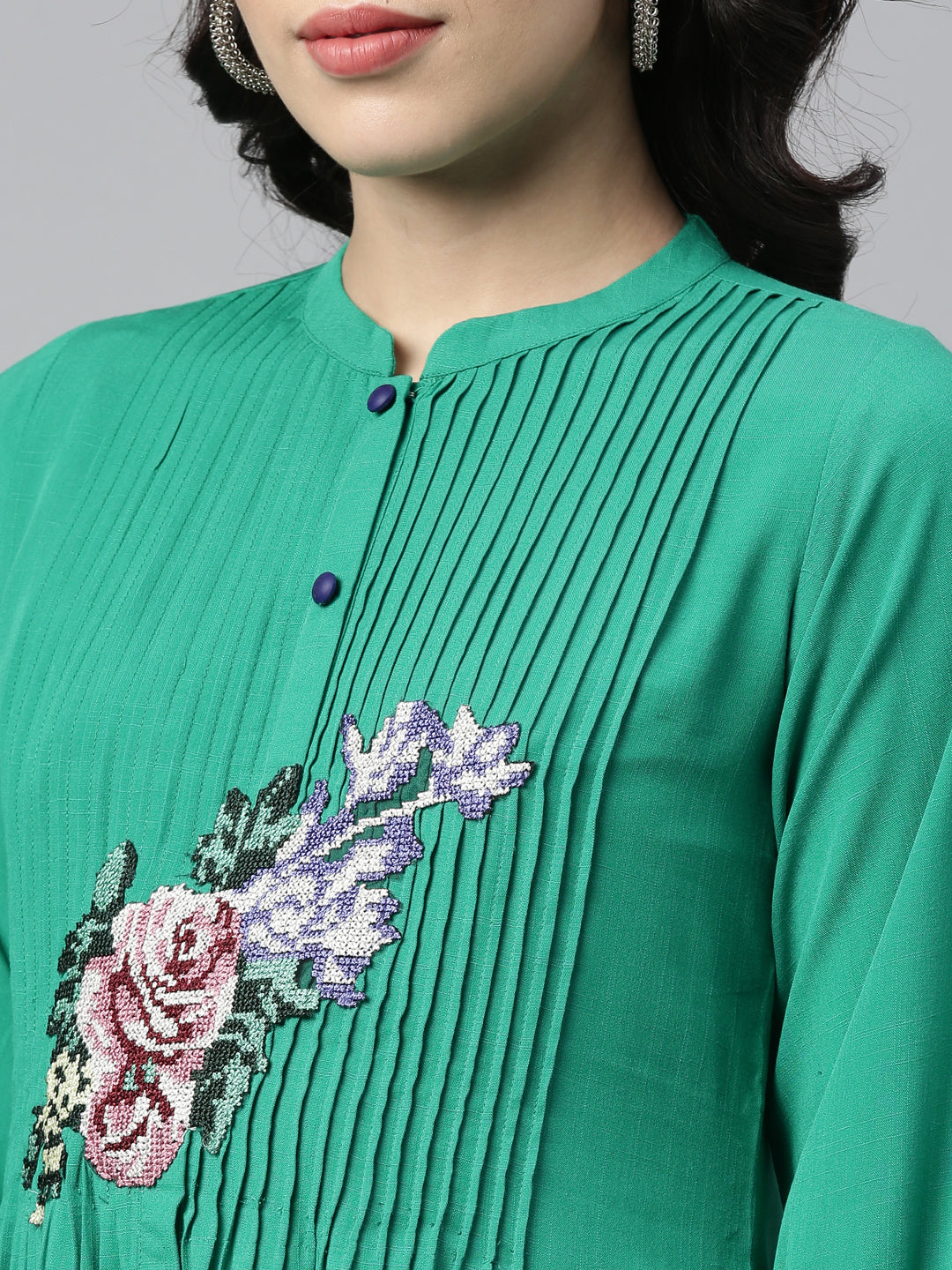 Neerus Green rayon panelled A-line kurti - side view