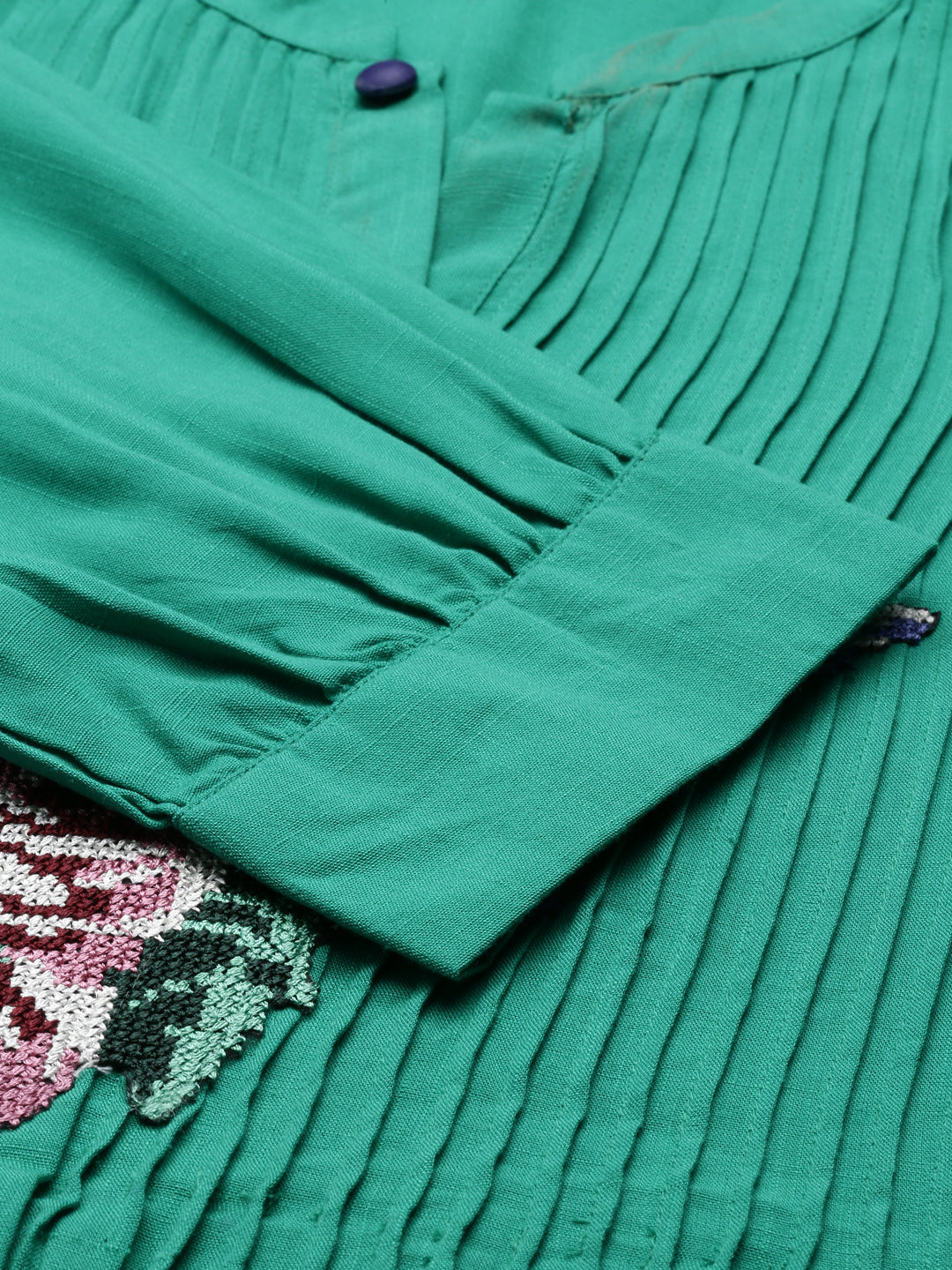 Neerus Green rayon panelled A-line kurti - detail view 3
