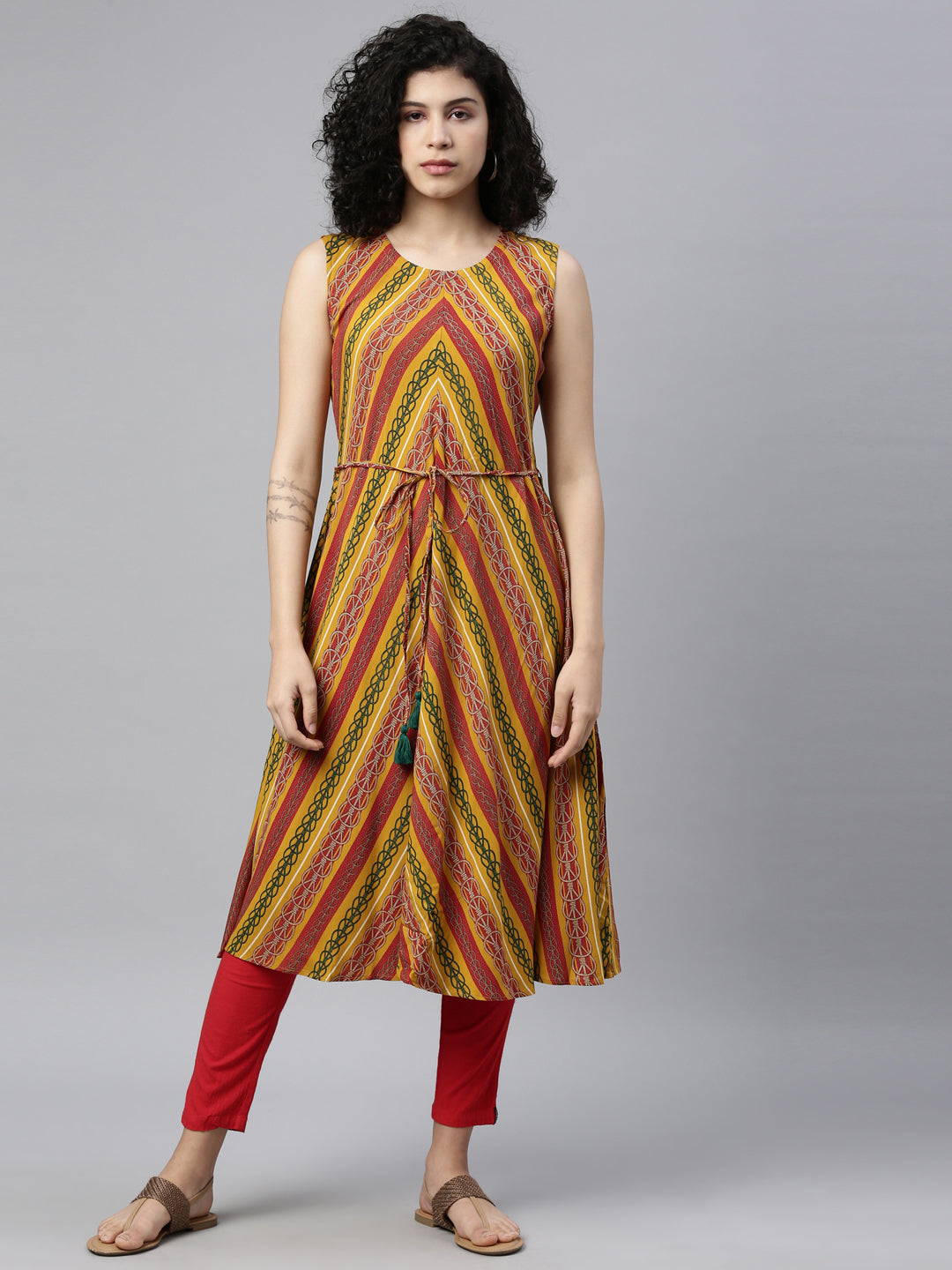 Neerus Yellow rayon printed A-Line kurti - detail view 4