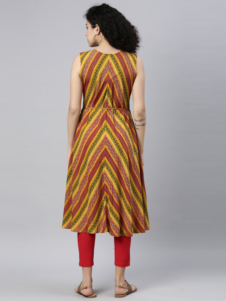 Neerus Yellow rayon printed A-Line kurti - back view