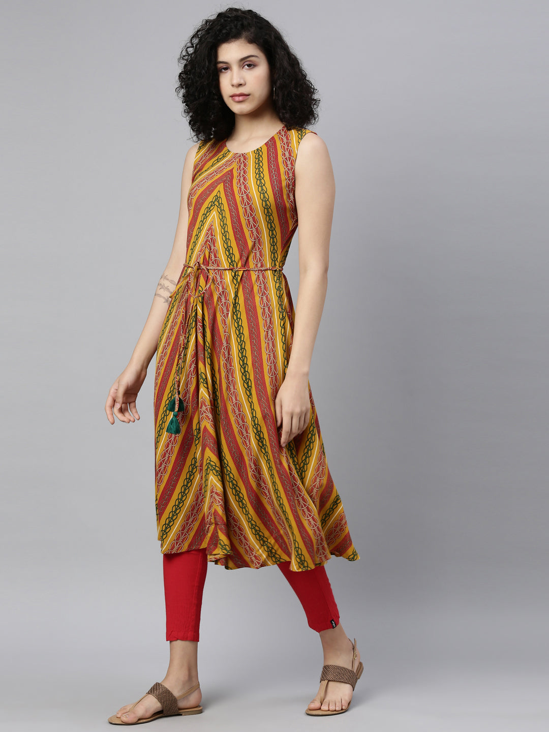 Neerus Yellow rayon printed A-Line kurti - detail view 2