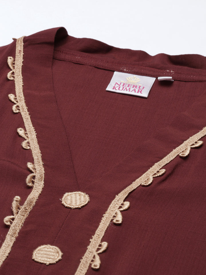 Neerus Brown viscose rayon embroidered flared kurta - detail view 3