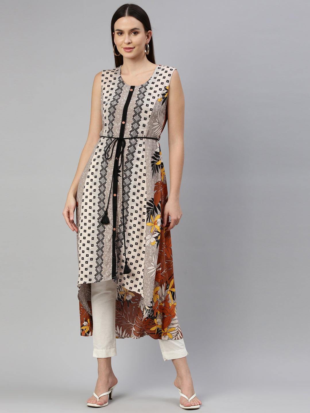 Neerus Beige rayon printed kurti - front view