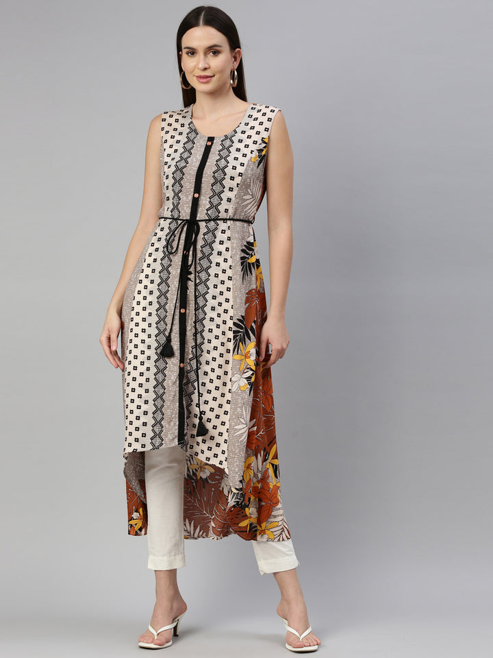 Neerus Beige rayon printed kurti - detail view 5