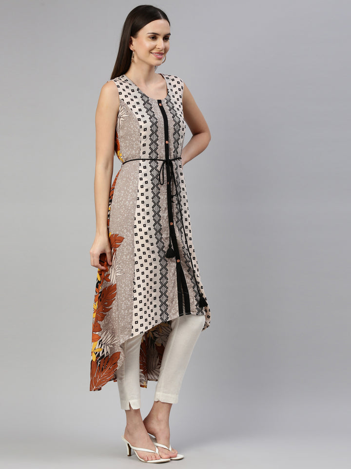 Neerus Beige rayon printed kurti - detail view 1