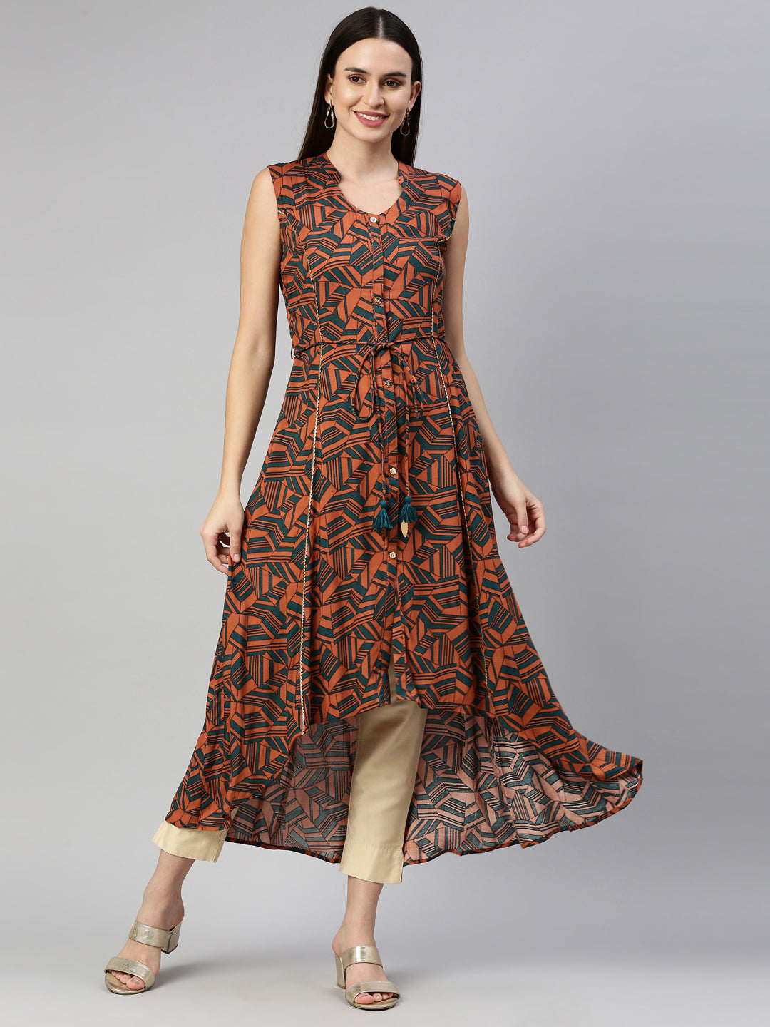 Neerus Orange rayon solid kurti - front view