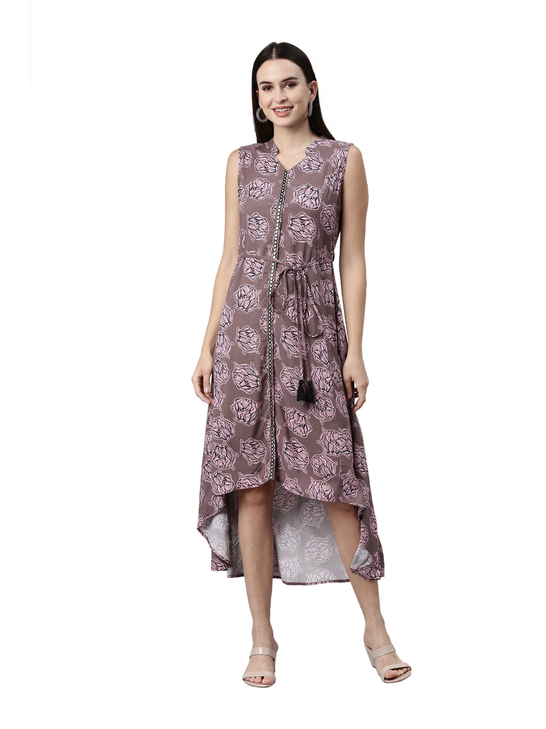 Neerus Grey rayon floral printed A-line kurti - front view