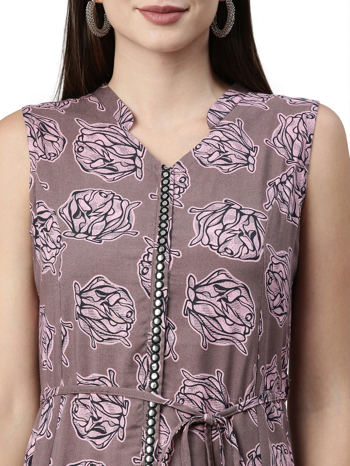 Neerus Grey rayon floral printed A-line kurti - back view