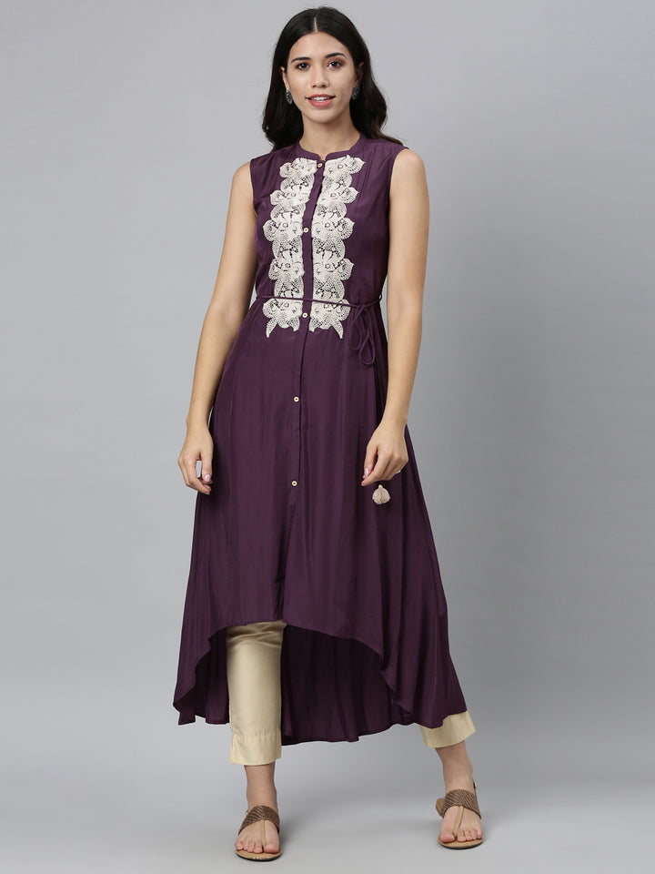 Neerus Purple muslin embellished A-line kurti - detail view 4