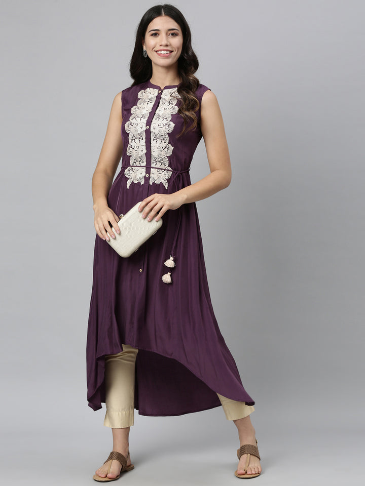 Neerus Purple muslin embellished A-line kurti - detail view 1
