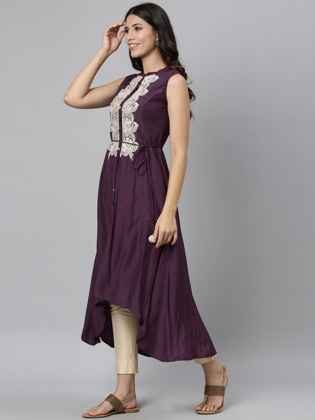 Neerus Purple muslin embellished A-line kurti - detail view 2