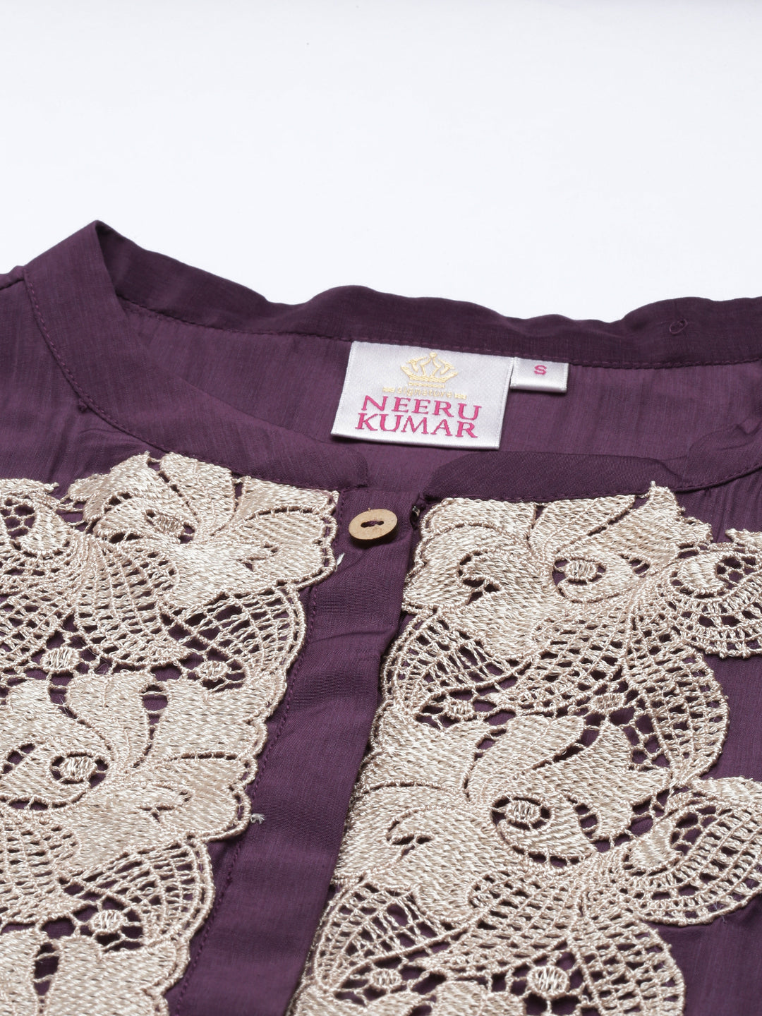Neerus Purple muslin embellished A-line kurti - detail view 3