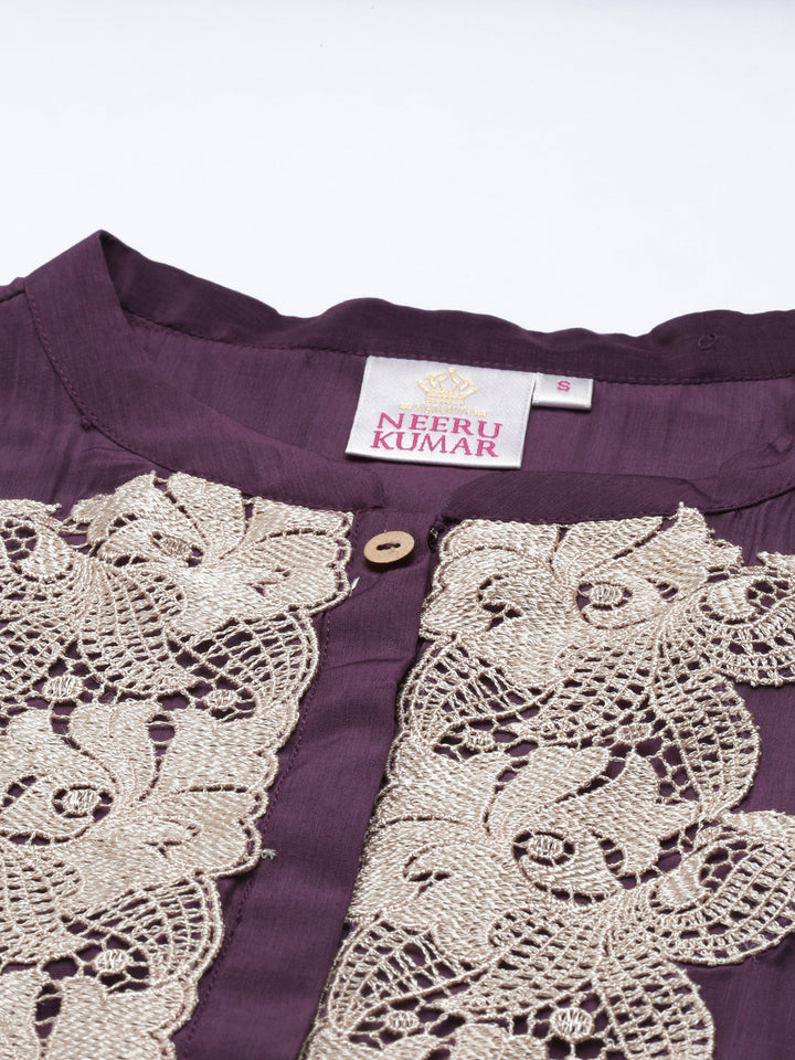 Neerus Purple muslin embellished A-line kurti - detail view 3