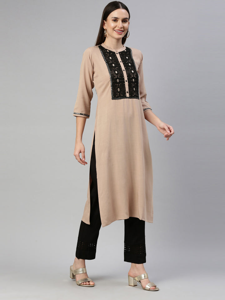 Neerus Beige Color Rayon Fabric Kurta